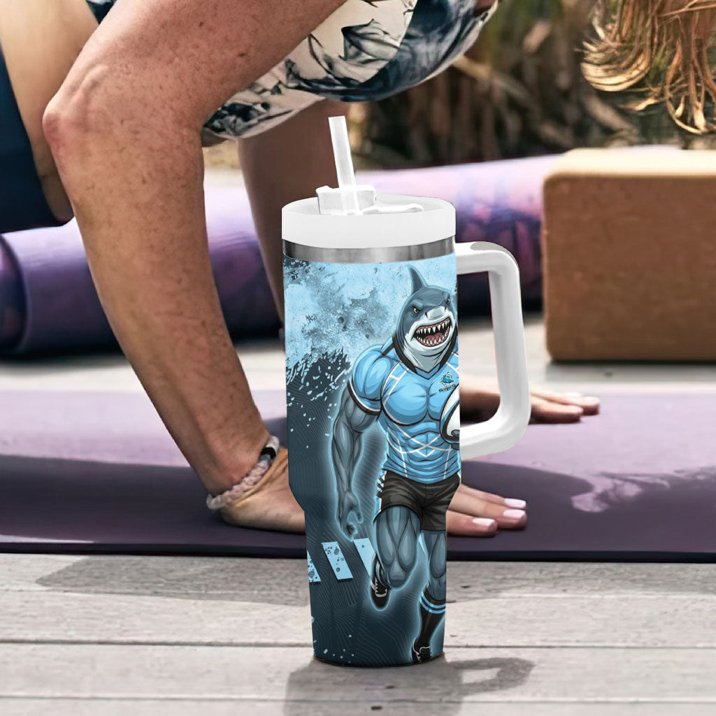 Personalised Cronulla Sutherland Sharks Rugby Tumbler With Handle Sharkies Mascot - Sporty Splash Art Style