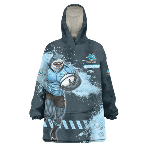Personalised Cronulla Sutherland Sharks Rugby Wearable Blanket Hoodie Sharkies Mascot - Sporty Splash Art Style
