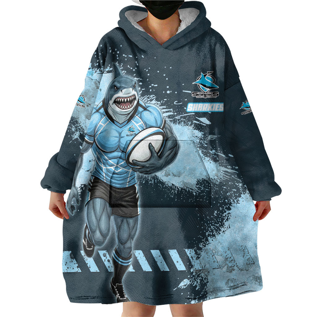 Personalised Cronulla Sutherland Sharks Rugby Wearable Blanket Hoodie Sharkies Mascot - Sporty Splash Art Style