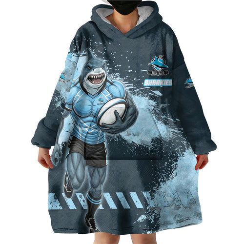 Personalised Cronulla Sutherland Sharks Rugby Wearable Blanket Hoodie Sharkies Mascot - Sporty Splash Art Style