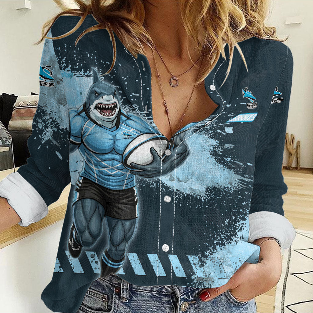 Personalised Cronulla Sutherland Sharks Rugby Women Casual Shirt Sharkies Mascot - Sporty Splash Art Style