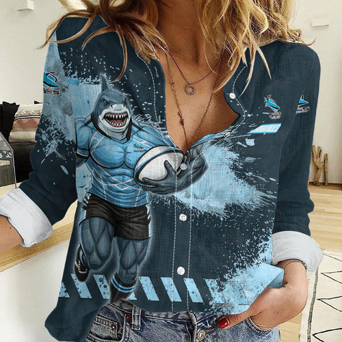 Personalised Cronulla Sutherland Sharks Rugby Women Casual Shirt Sharkies Mascot - Sporty Splash Art Style