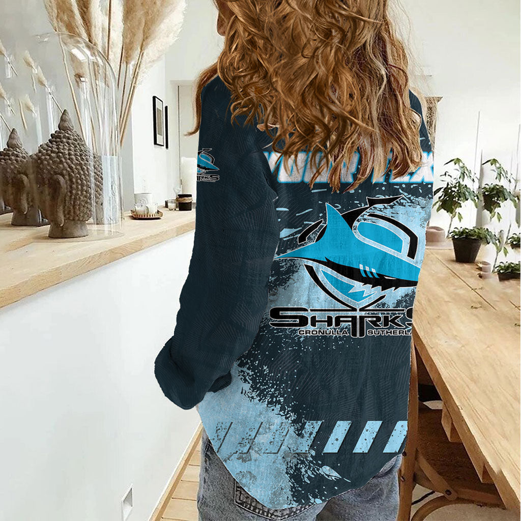 Personalised Cronulla Sutherland Sharks Rugby Women Casual Shirt Sharkies Mascot - Sporty Splash Art Style