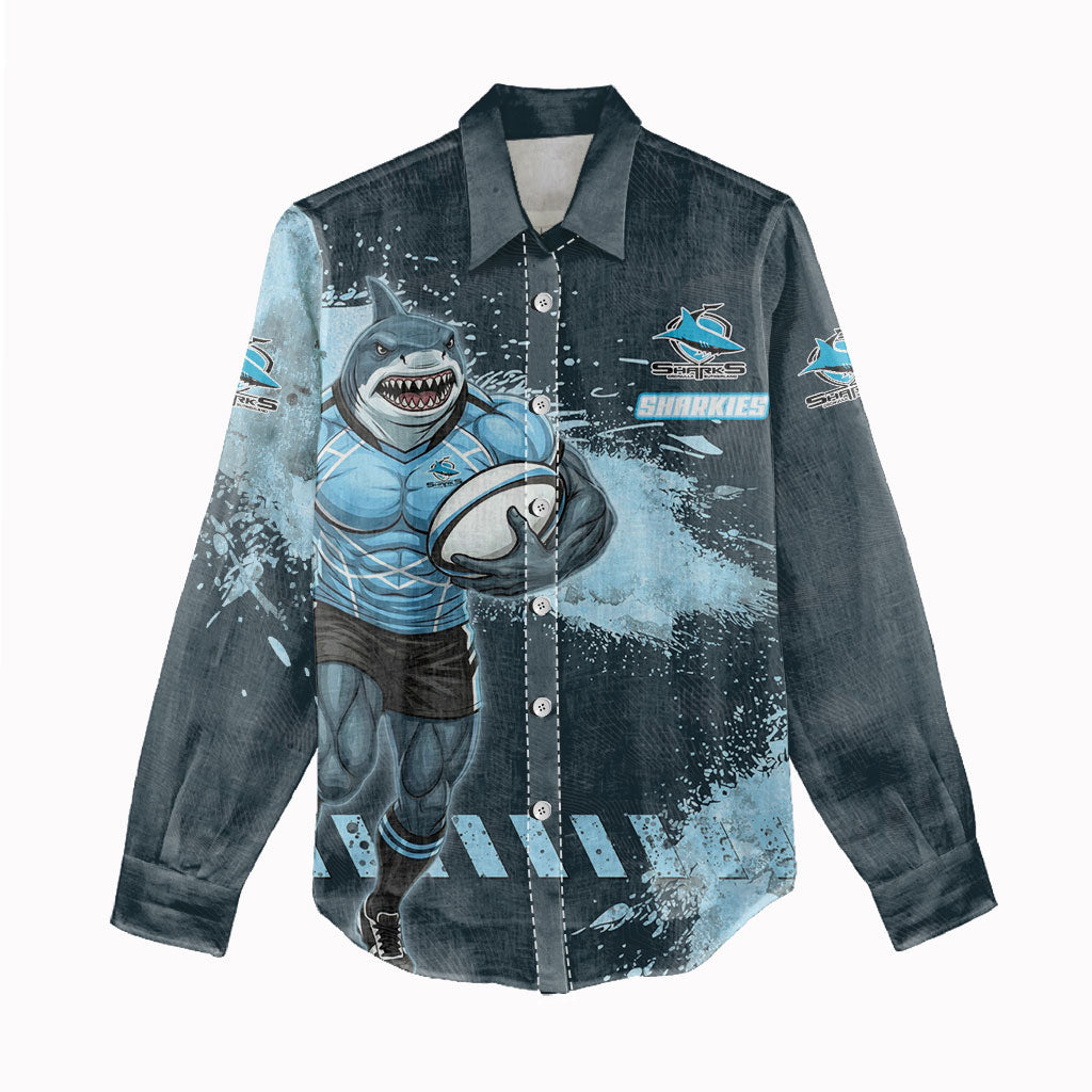 Personalised Cronulla Sutherland Sharks Rugby Women Casual Shirt Sharkies Mascot - Sporty Splash Art Style