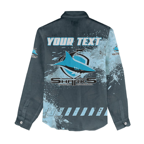 Personalised Cronulla Sutherland Sharks Rugby Women Casual Shirt Sharkies Mascot - Sporty Splash Art Style