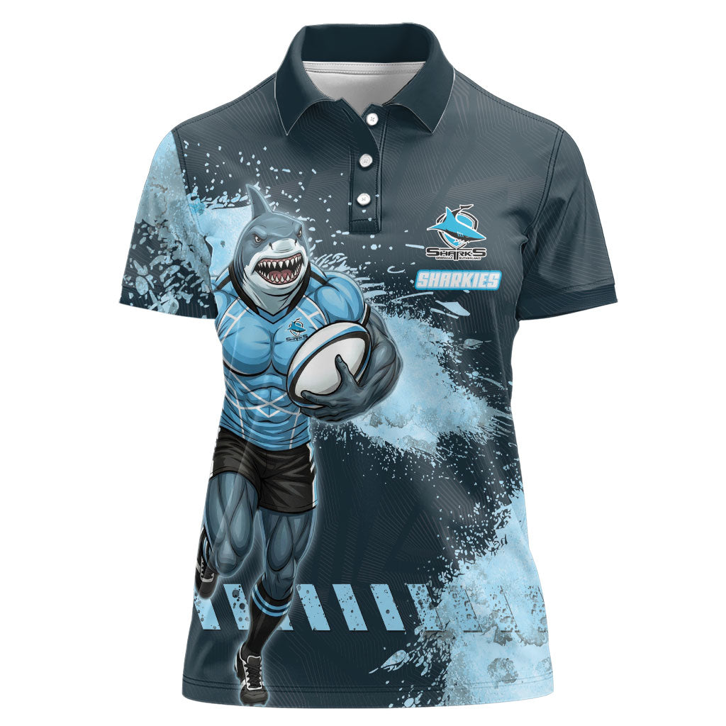 Personalised Cronulla Sutherland Sharks Rugby Women Polo Shirt Sharkies Mascot - Sporty Splash Art Style