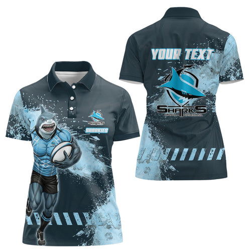 Personalised Cronulla Sutherland Sharks Rugby Women Polo Shirt Sharkies Mascot - Sporty Splash Art Style