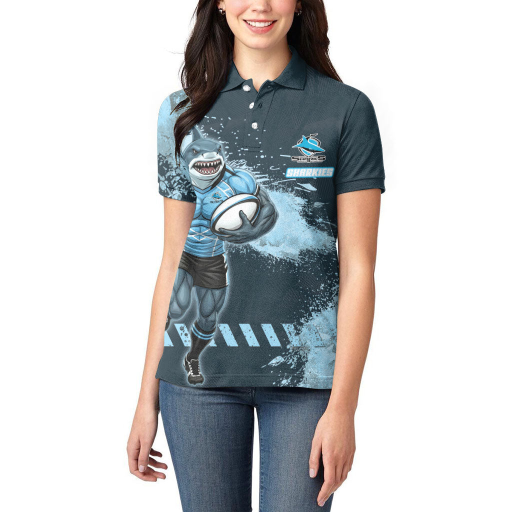 Personalised Cronulla Sutherland Sharks Rugby Women Polo Shirt Sharkies Mascot - Sporty Splash Art Style