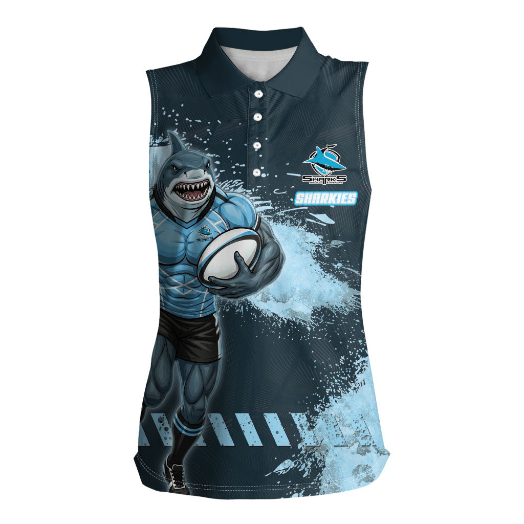 Personalised Cronulla Sutherland Sharks Rugby Women Sleeveless Polo Shirt Sharkies Mascot - Sporty Splash Art Style