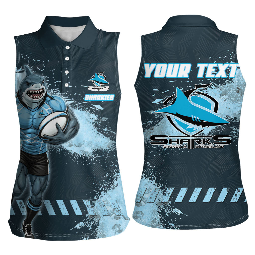 Personalised Cronulla Sutherland Sharks Rugby Women Sleeveless Polo Shirt Sharkies Mascot - Sporty Splash Art Style