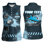 Personalised Cronulla Sutherland Sharks Rugby Women Sleeveless Polo Shirt Sharkies Mascot - Sporty Splash Art Style