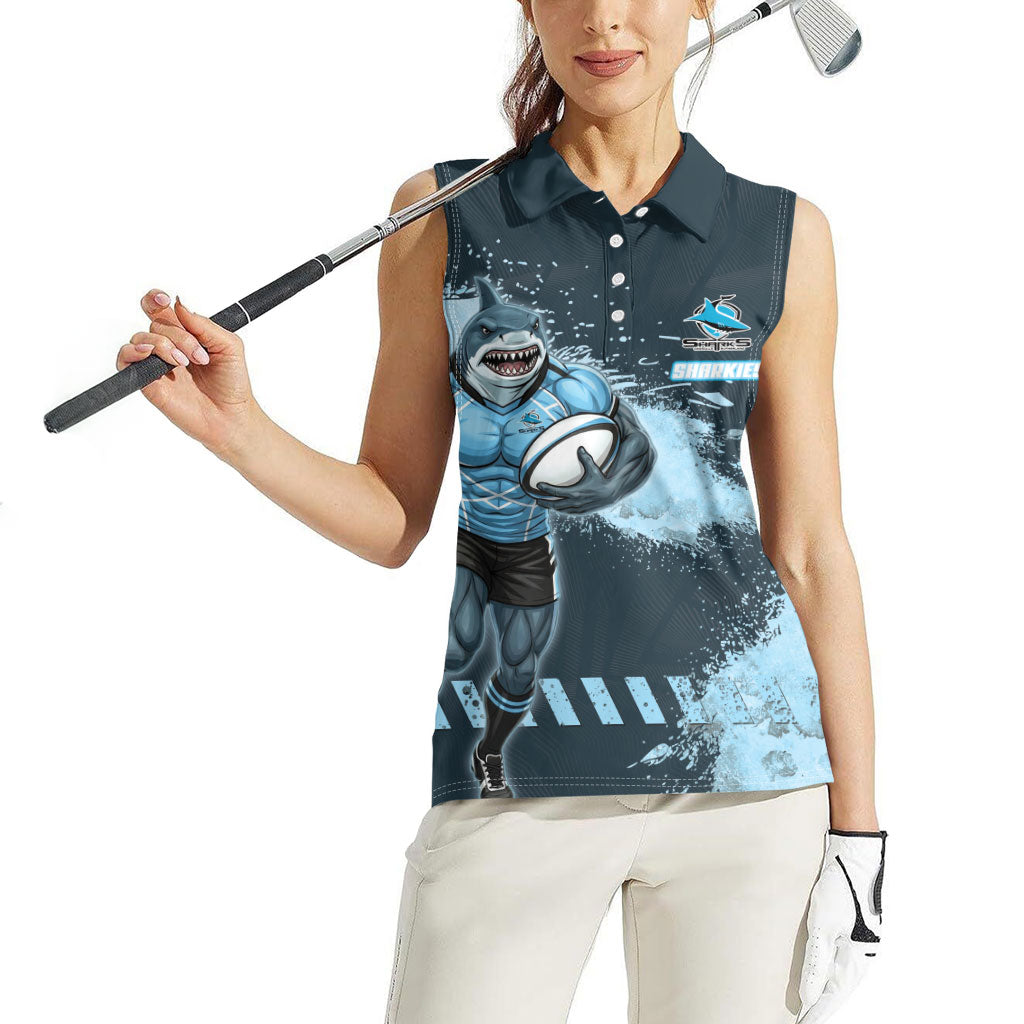 Personalised Cronulla Sutherland Sharks Rugby Women Sleeveless Polo Shirt Sharkies Mascot - Sporty Splash Art Style