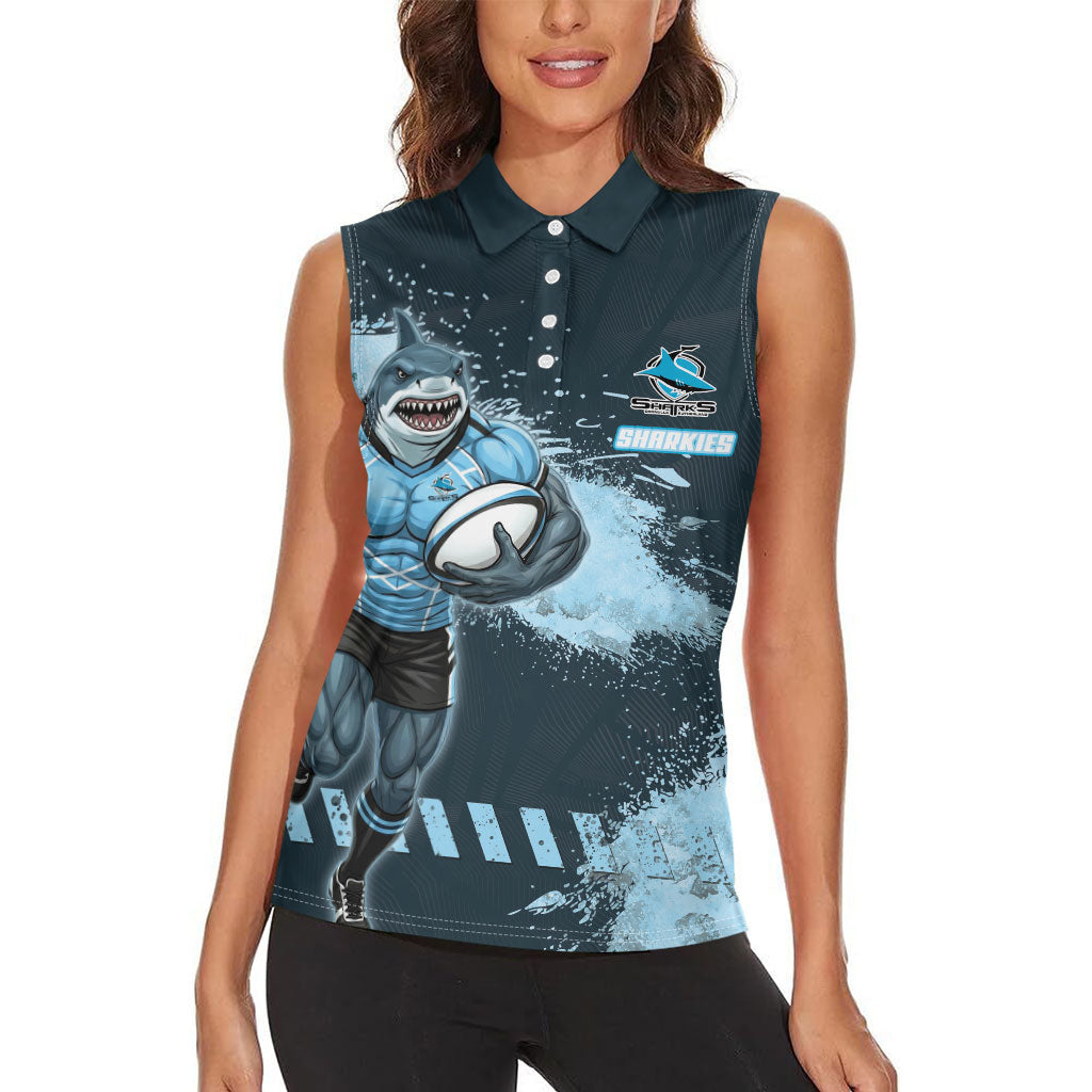 Personalised Cronulla Sutherland Sharks Rugby Women Sleeveless Polo Shirt Sharkies Mascot - Sporty Splash Art Style