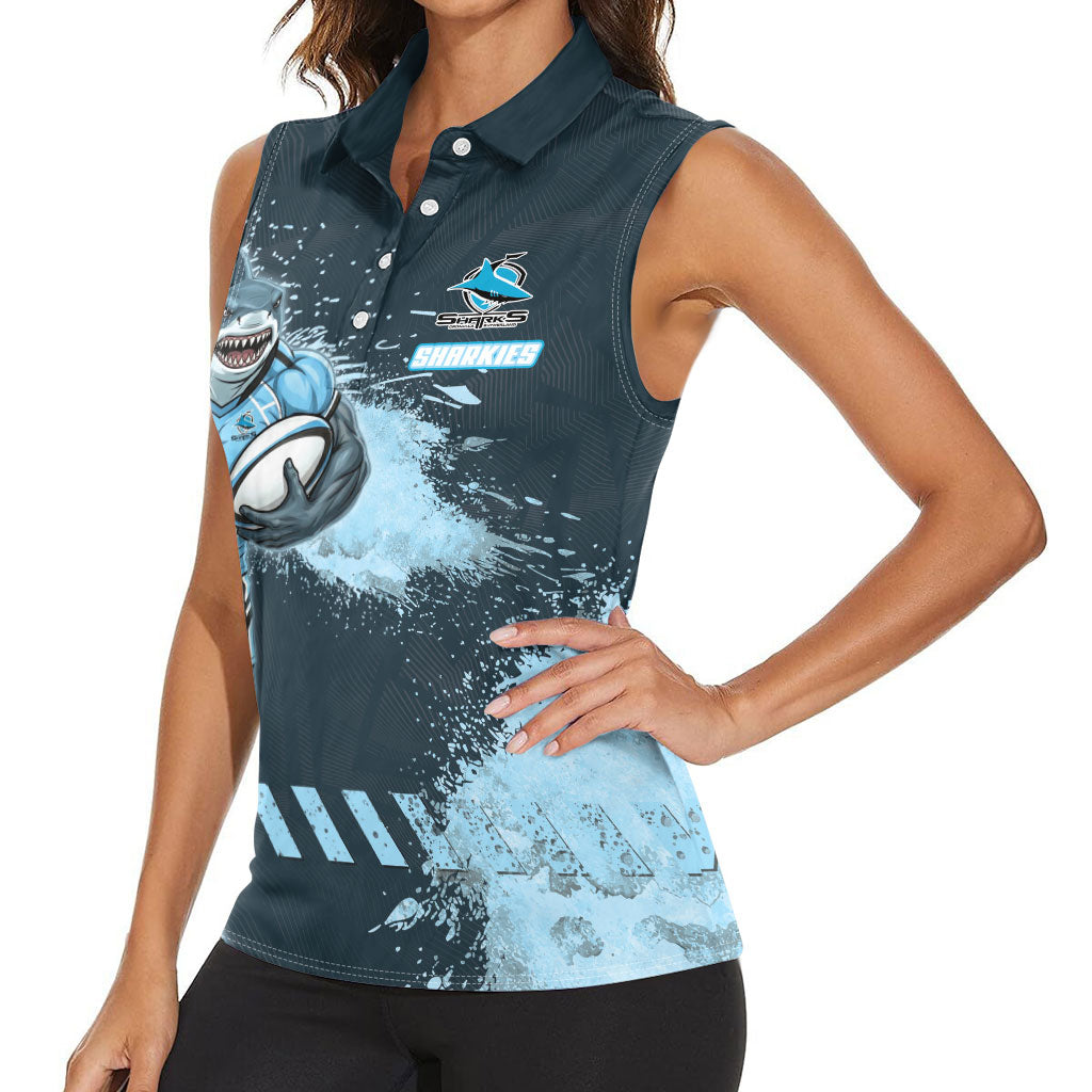 Personalised Cronulla Sutherland Sharks Rugby Women Sleeveless Polo Shirt Sharkies Mascot - Sporty Splash Art Style