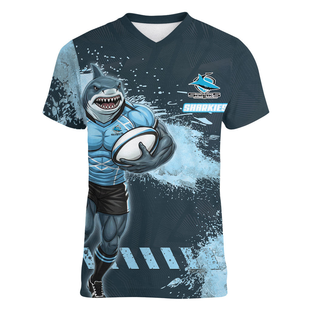 Personalised Cronulla Sutherland Sharks Rugby Women V-Neck T-Shirt Sharkies Mascot - Sporty Splash Art Style