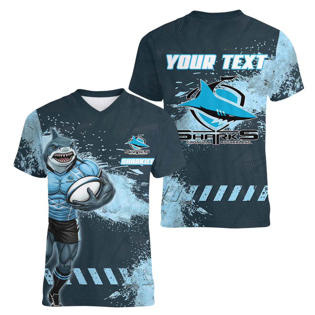 Personalised Cronulla Sutherland Sharks Rugby Women V-Neck T-Shirt Sharkies Mascot - Sporty Splash Art Style
