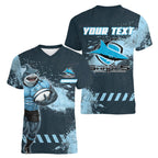 Personalised Cronulla Sutherland Sharks Rugby Women V-Neck T-Shirt Sharkies Mascot - Sporty Splash Art Style