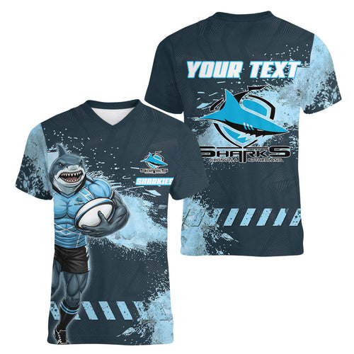 Personalised Cronulla Sutherland Sharks Rugby Women V-Neck T-Shirt Sharkies Mascot - Sporty Splash Art Style