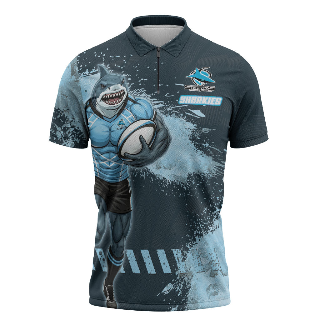 Personalised Cronulla Sutherland Sharks Rugby Zipper Polo Shirt Sharkies Mascot - Sporty Splash Art Style