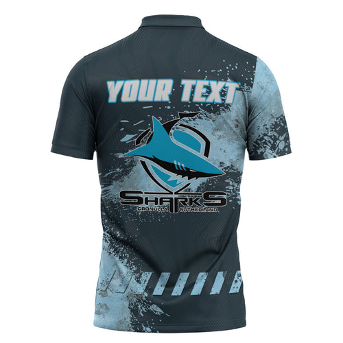 Personalised Cronulla Sutherland Sharks Rugby Zipper Polo Shirt Sharkies Mascot - Sporty Splash Art Style