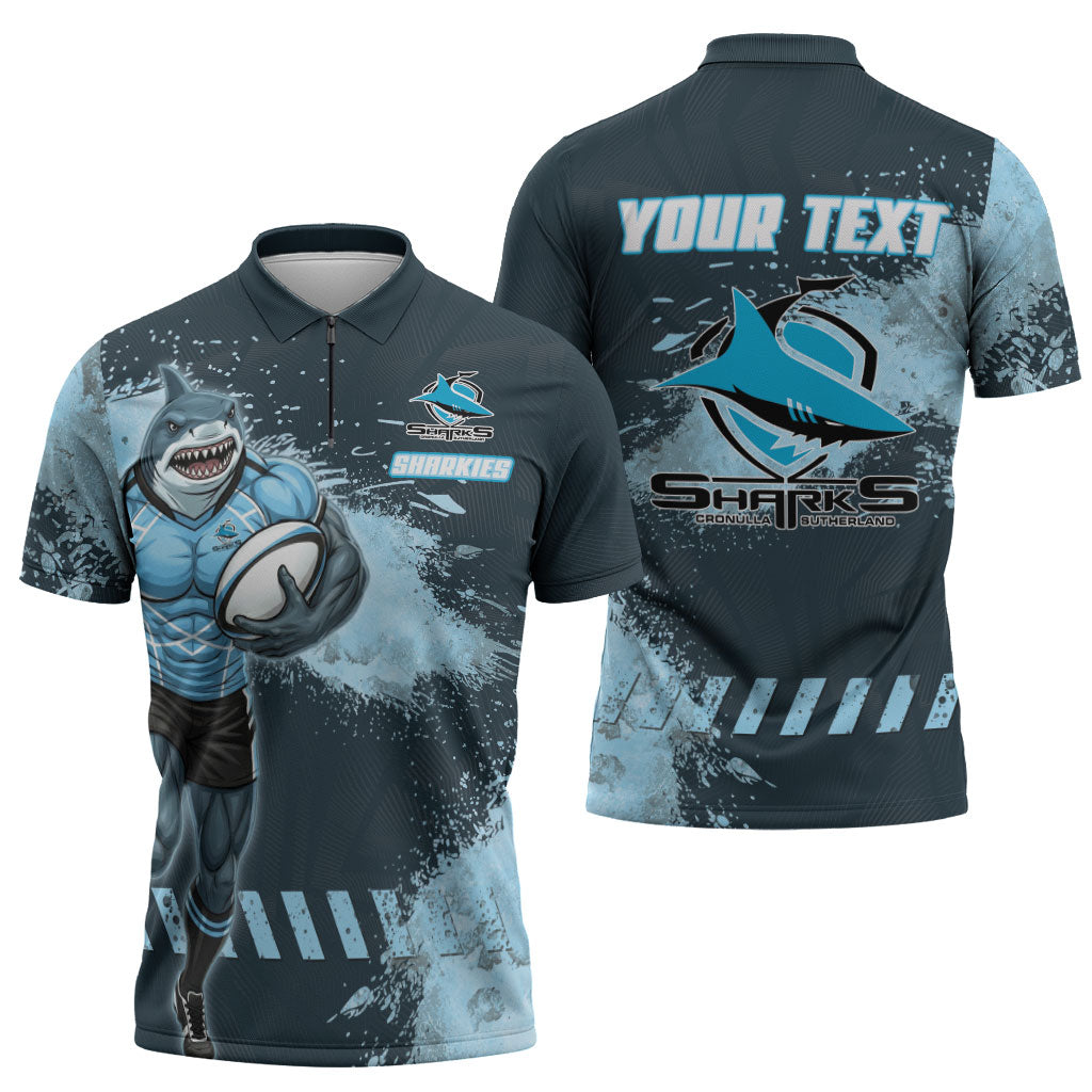 Personalised Cronulla Sutherland Sharks Rugby Zipper Polo Shirt Sharkies Mascot - Sporty Splash Art Style