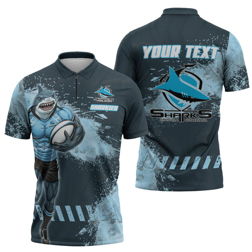 Personalised Cronulla Sutherland Sharks Rugby Zipper Polo Shirt Sharkies Mascot - Sporty Splash Art Style