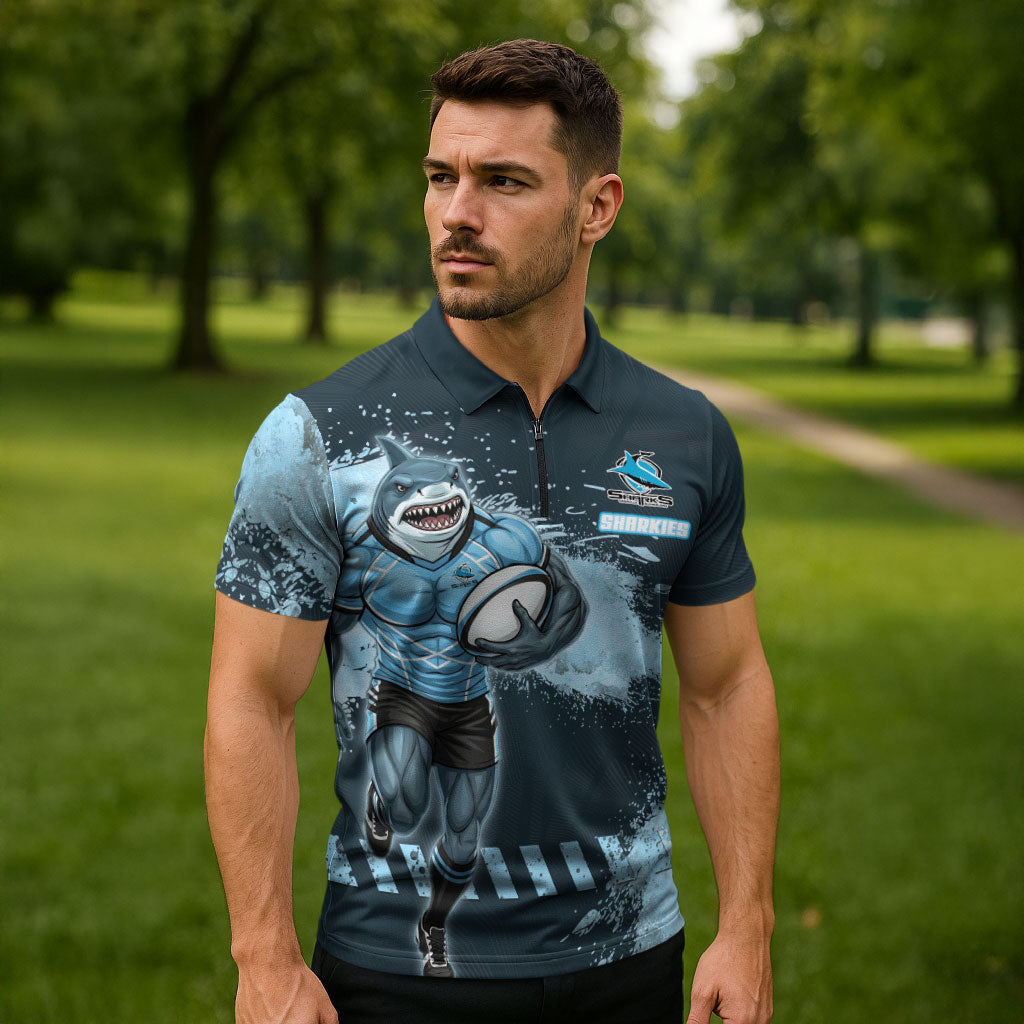 Personalised Cronulla Sutherland Sharks Rugby Zipper Polo Shirt Sharkies Mascot - Sporty Splash Art Style