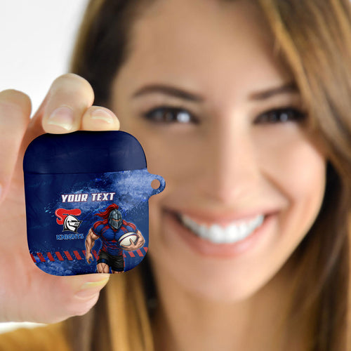 Personalised Newcastle Knights Rugby AirPods Case Newy Warrior Mascot - Sporty Splash Art Style