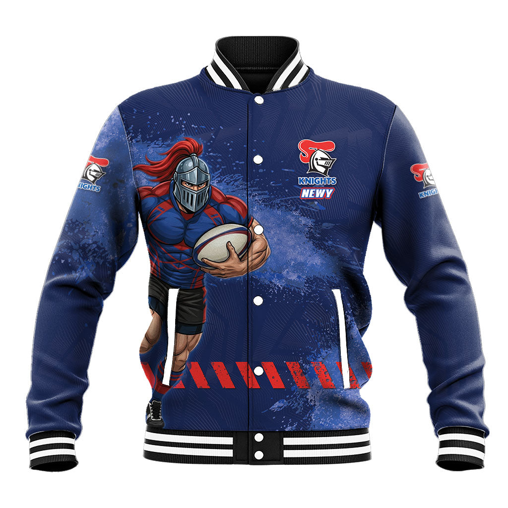 Personalised Newcastle Knights Rugby Baseball Jacket Newy Warrior Mascot - Sporty Splash Art Style