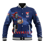Personalised Newcastle Knights Rugby Baseball Jacket Newy Warrior Mascot - Sporty Splash Art Style