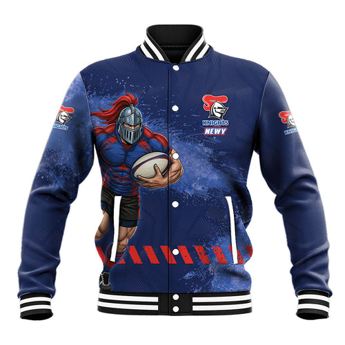 Personalised Newcastle Knights Rugby Baseball Jacket Newy Warrior Mascot - Sporty Splash Art Style