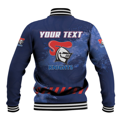 Personalised Newcastle Knights Rugby Baseball Jacket Newy Warrior Mascot - Sporty Splash Art Style