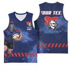 Personalised Newcastle Knights Rugby Basketball Jersey Newy Warrior Mascot - Sporty Splash Art Style