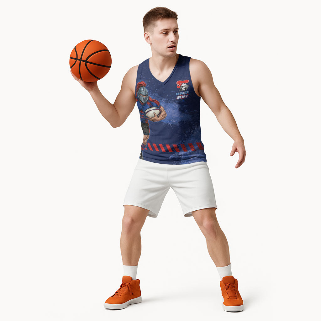 Personalised Newcastle Knights Rugby Basketball Jersey Newy Warrior Mascot - Sporty Splash Art Style