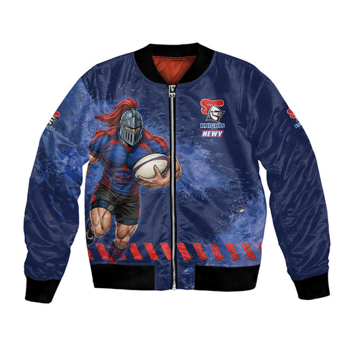 Personalised Newcastle Knights Rugby Bomber Jacket Newy Warrior Mascot - Sporty Splash Art Style
