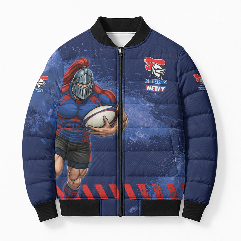 Personalised Newcastle Knights Rugby Bomber Puffer Jacket Newy Warrior Mascot - Sporty Splash Art Style