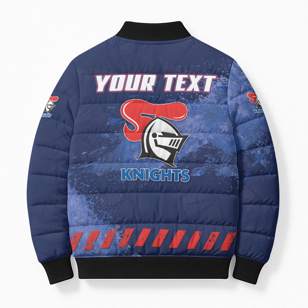 Personalised Newcastle Knights Rugby Bomber Puffer Jacket Newy Warrior Mascot - Sporty Splash Art Style