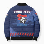 Personalised Newcastle Knights Rugby Bomber Puffer Jacket Newy Warrior Mascot - Sporty Splash Art Style