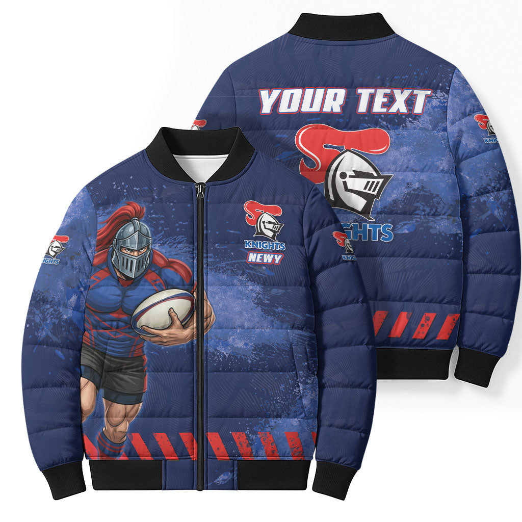 Personalised Newcastle Knights Rugby Bomber Puffer Jacket Newy Warrior Mascot - Sporty Splash Art Style