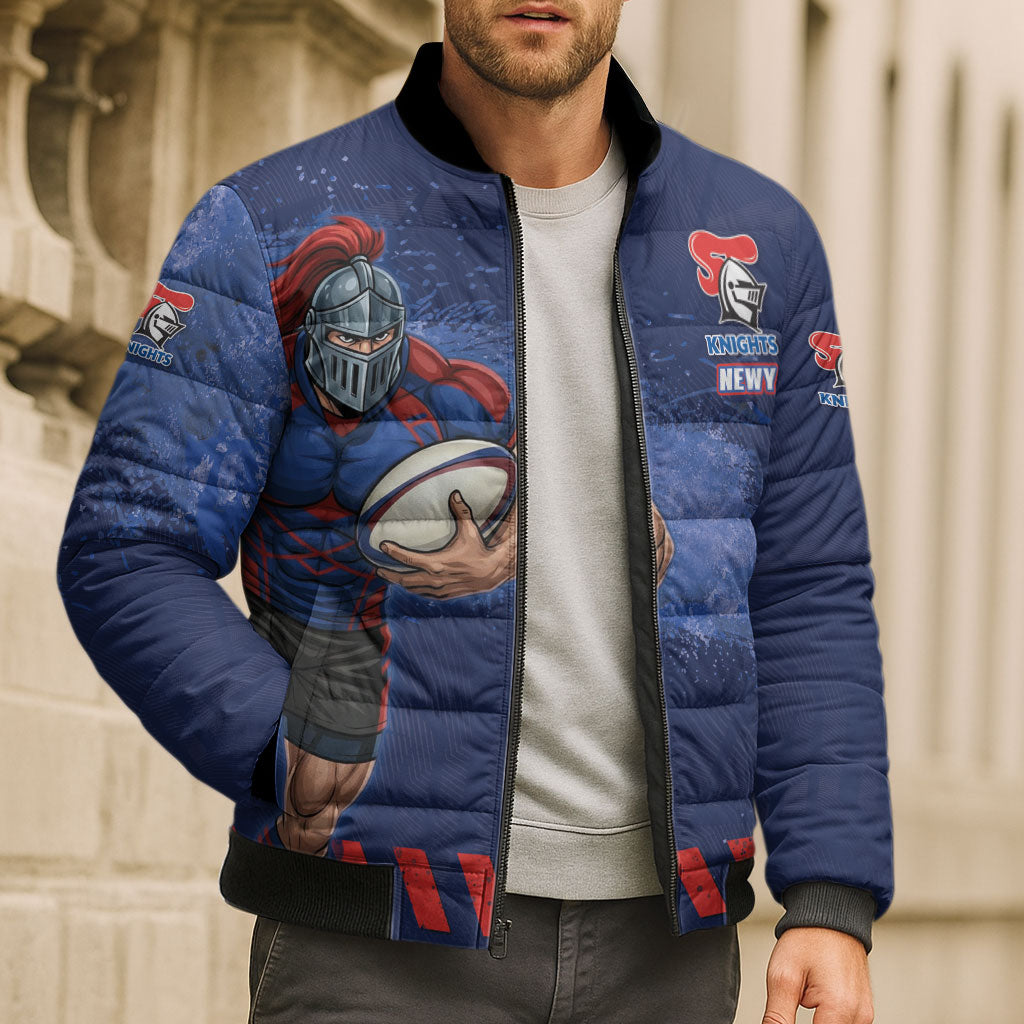 Personalised Newcastle Knights Rugby Bomber Puffer Jacket Newy Warrior Mascot - Sporty Splash Art Style
