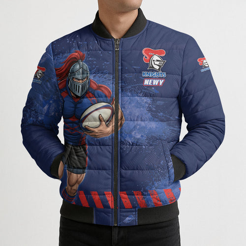 Personalised Newcastle Knights Rugby Bomber Puffer Jacket Newy Warrior Mascot - Sporty Splash Art Style