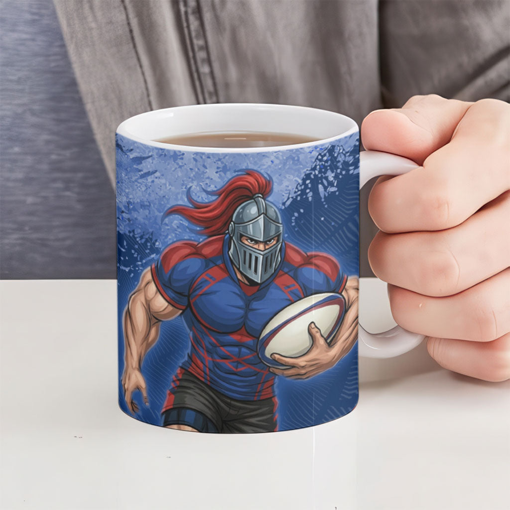 Personalised Newcastle Knights Rugby Ceramic Mug Newy Warrior Mascot - Sporty Splash Art Style
