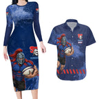 Personalised Newcastle Knights Rugby Couples Matching Long Sleeve Bodycon Dress and Hawaiian Shirt Newy Warrior Mascot - Sporty Splash Art Style