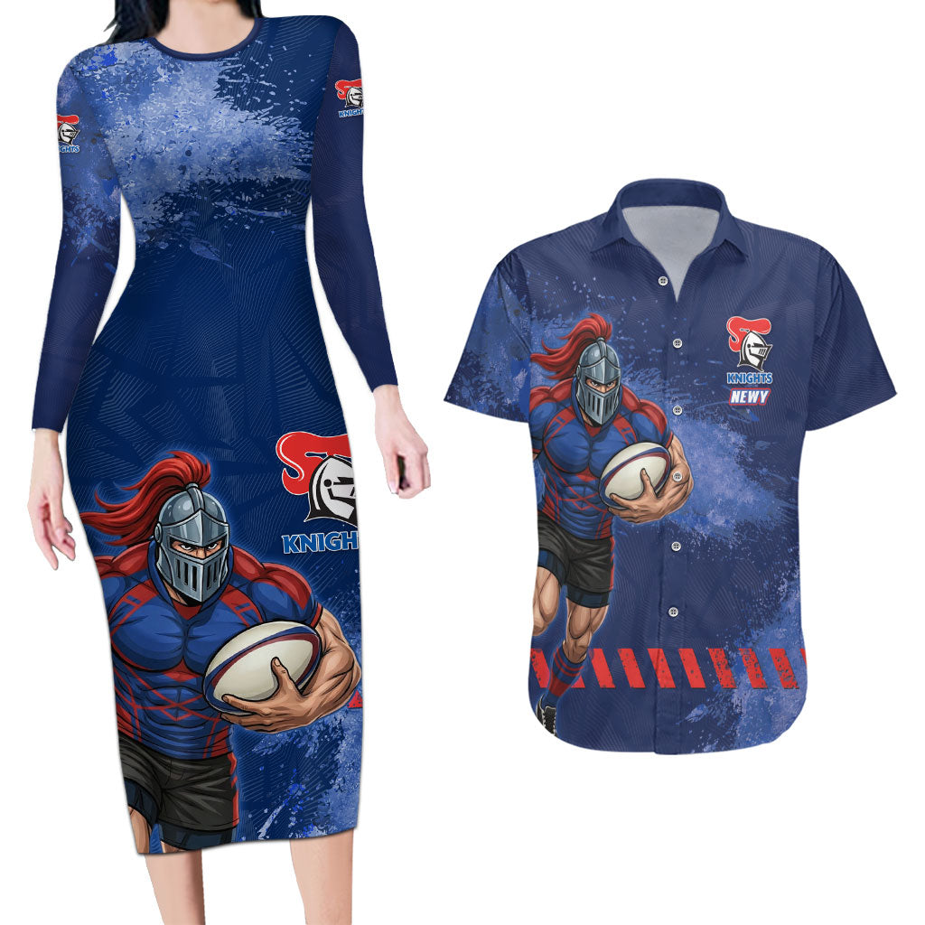 Personalised Newcastle Knights Rugby Couples Matching Long Sleeve Bodycon Dress and Hawaiian Shirt Newy Warrior Mascot - Sporty Splash Art Style