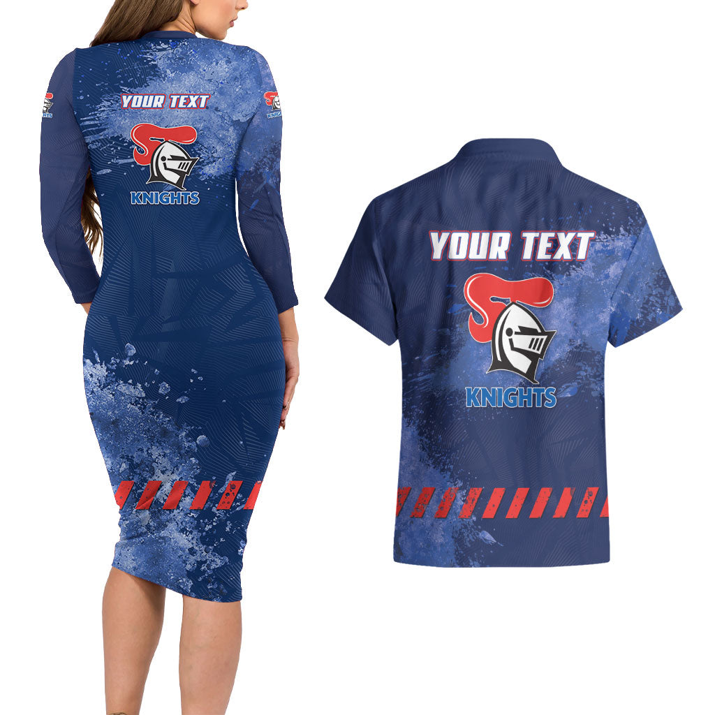 Personalised Newcastle Knights Rugby Couples Matching Long Sleeve Bodycon Dress and Hawaiian Shirt Newy Warrior Mascot - Sporty Splash Art Style