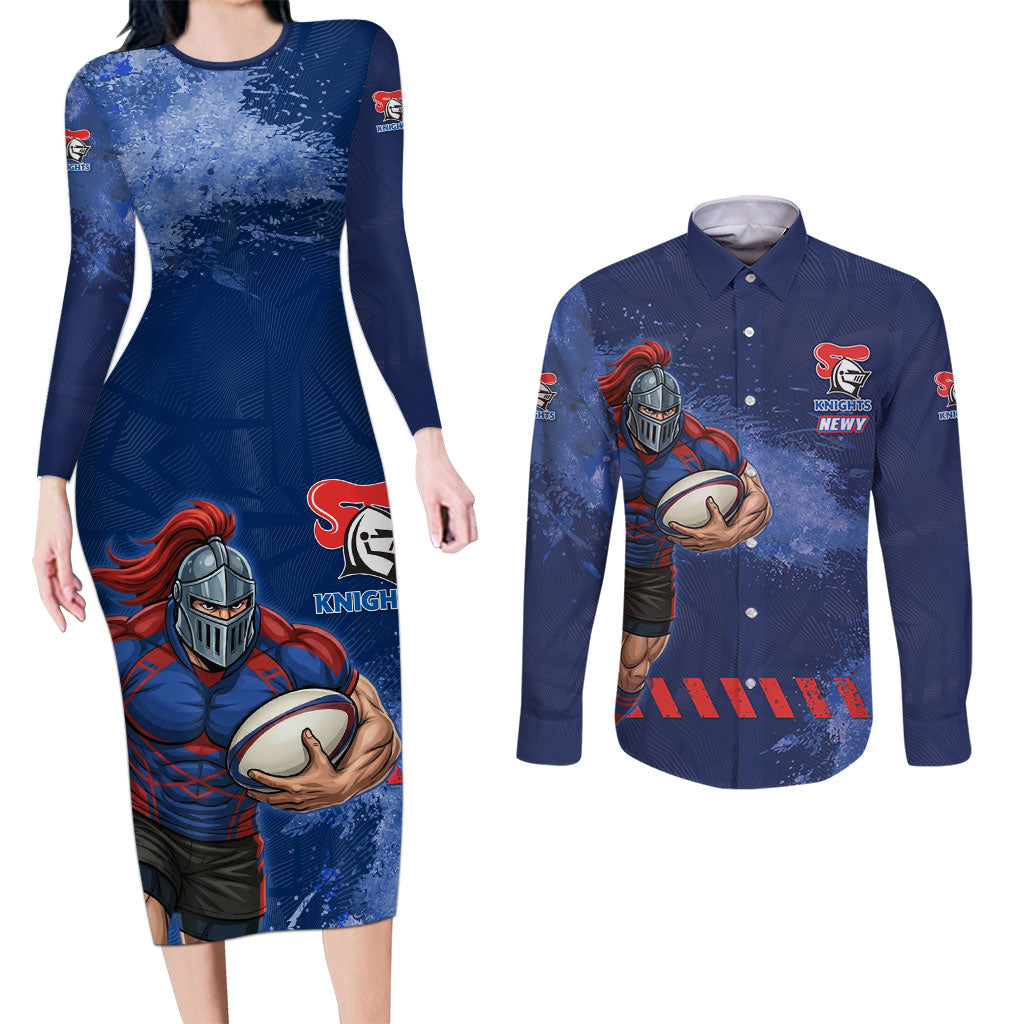 Personalised Newcastle Knights Rugby Couples Matching Long Sleeve Bodycon Dress and Long Sleeve Button Shirt Newy Warrior Mascot - Sporty Splash Art Style