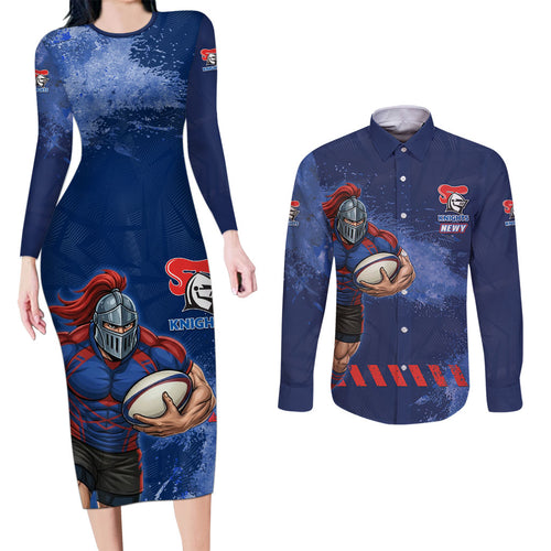 Personalised Newcastle Knights Rugby Couples Matching Long Sleeve Bodycon Dress and Long Sleeve Button Shirt Newy Warrior Mascot - Sporty Splash Art Style