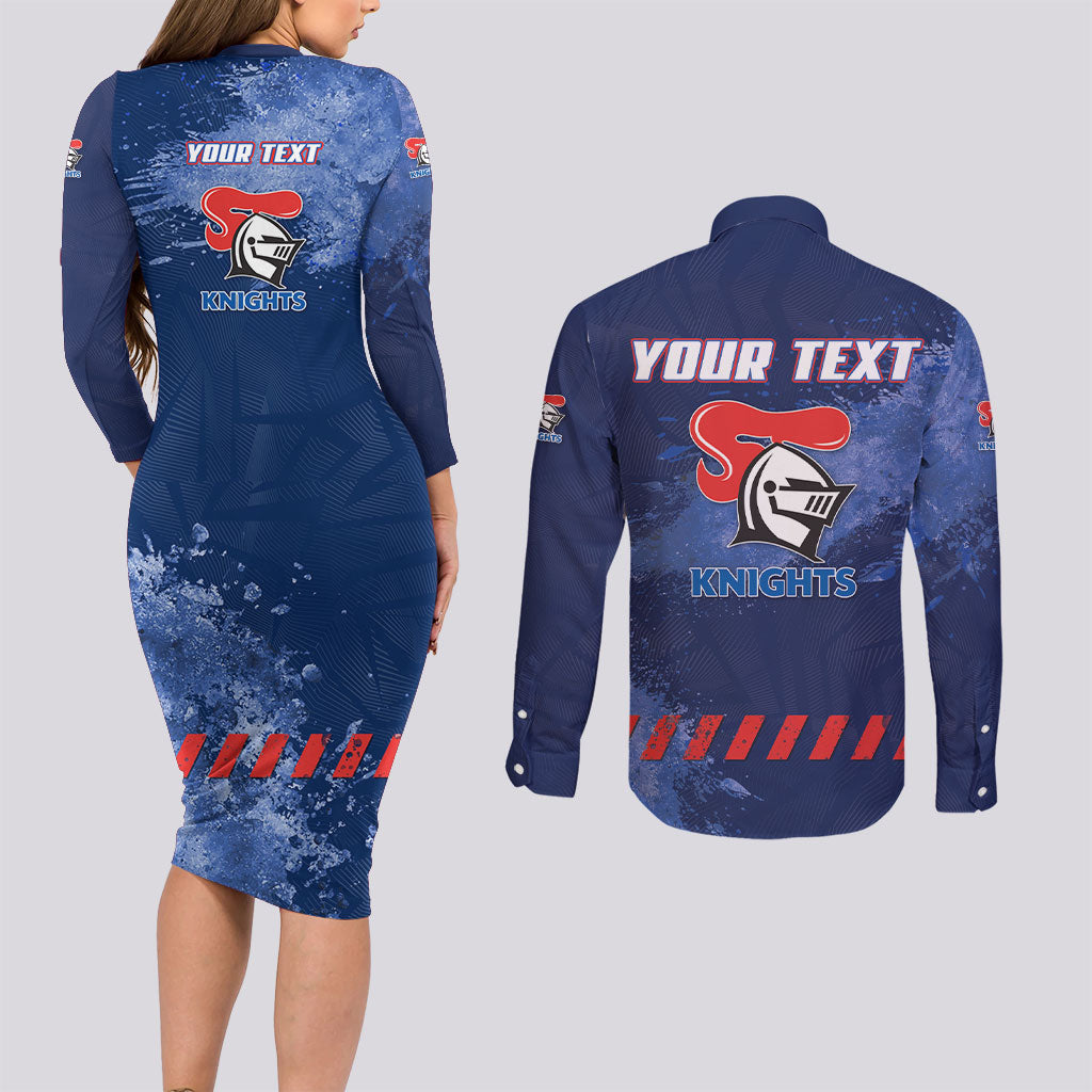 Personalised Newcastle Knights Rugby Couples Matching Long Sleeve Bodycon Dress and Long Sleeve Button Shirt Newy Warrior Mascot - Sporty Splash Art Style