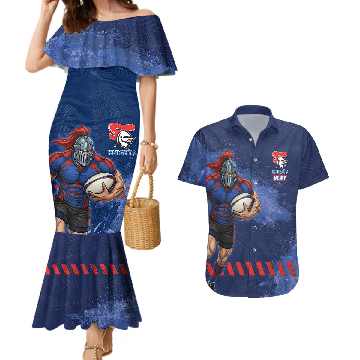 Personalised Newcastle Knights Rugby Couples Matching Mermaid Dress and Hawaiian Shirt Newy Warrior Mascot - Sporty Splash Art Style
