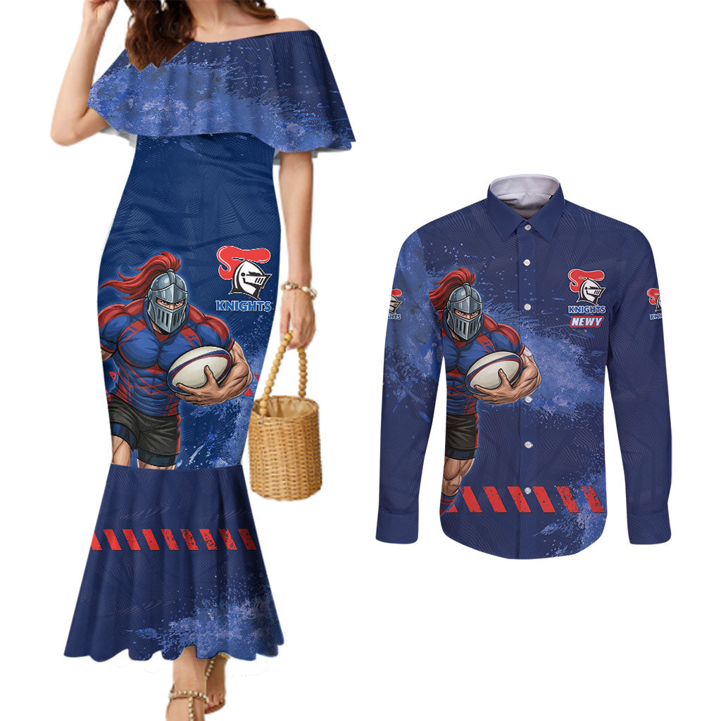 Personalised Newcastle Knights Rugby Couples Matching Mermaid Dress and Long Sleeve Button Shirt Newy Warrior Mascot - Sporty Splash Art Style